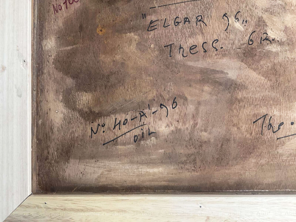 9. ELGAR ‘96, oil on panel, 43 x 57 cm A still-life oil painting depicting a violin, by Greek painter Kostas Loustas