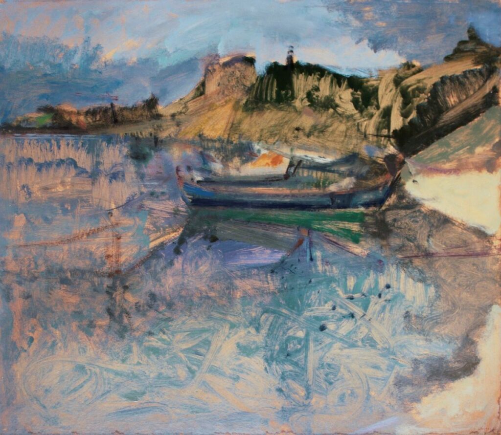 Aretsou bay, Thessaloniki, 1971, A seascape painting by Greek fine artist Kostas Loustas