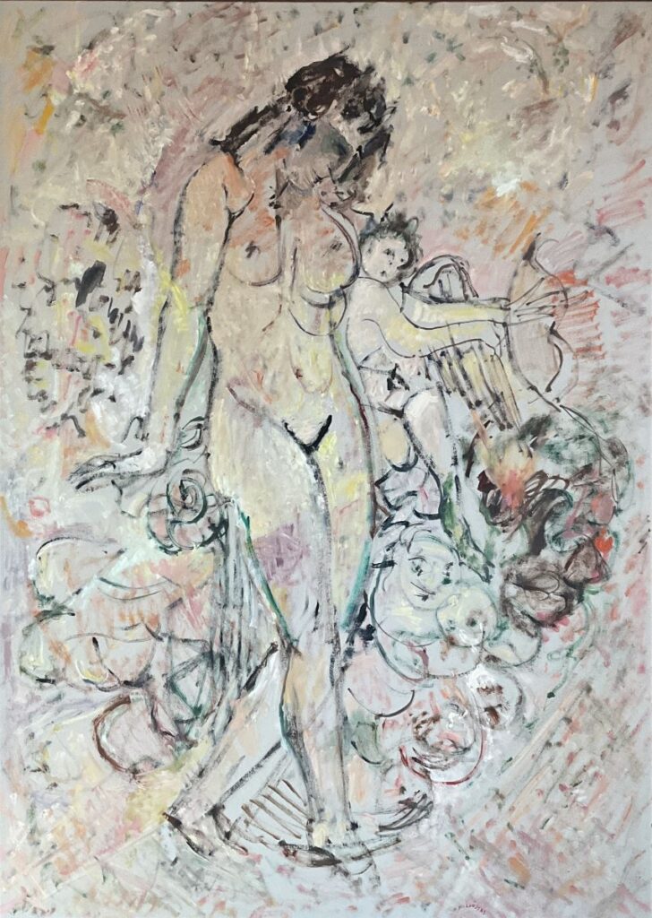 Eros and Aphroditi, (Currently on sale) An erotic nude oil painting by Greek painter Kostas Loustas