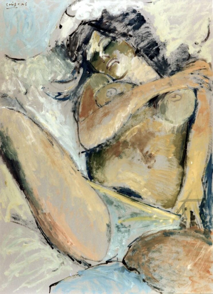 oil on hardboard, 105 x 75 cm An erotic nude oil painting by Greek painter Kostas Loustas