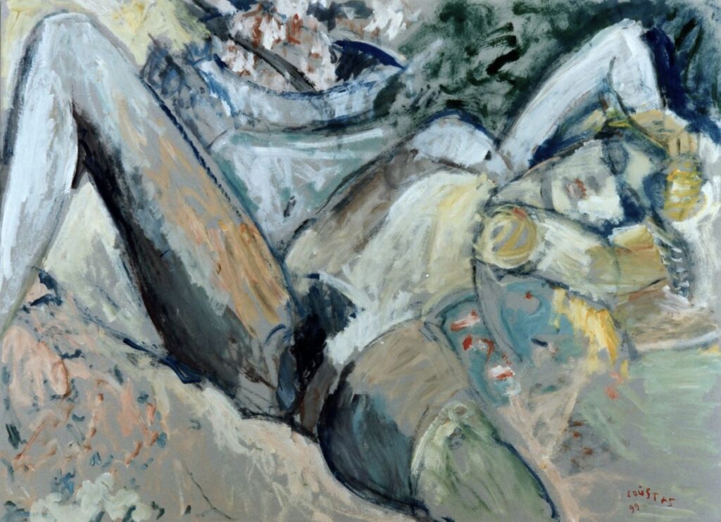 oil on hardboard, 75 x 105 cm An erotic nude oil painting by Greek painter Kostas Loustas