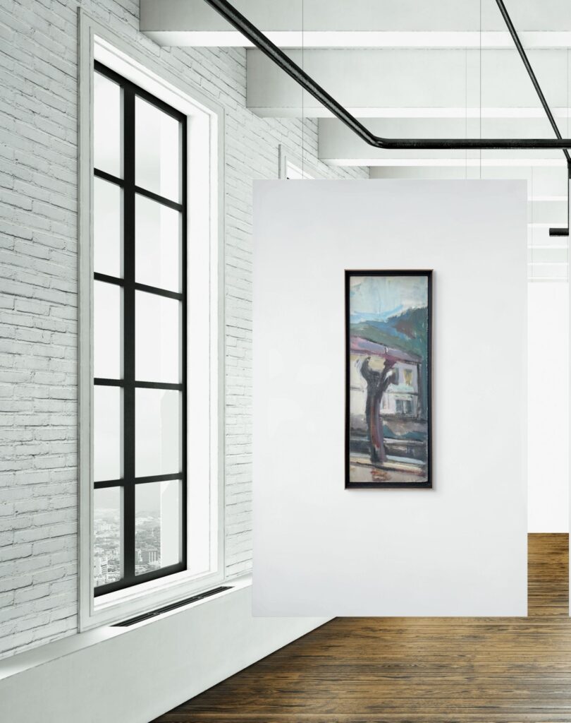 Florina, 1977, oil on panel, 75 x 28.5 cm - mockup A painting of the Greek town Florina by Greek painter Kostas Loustas