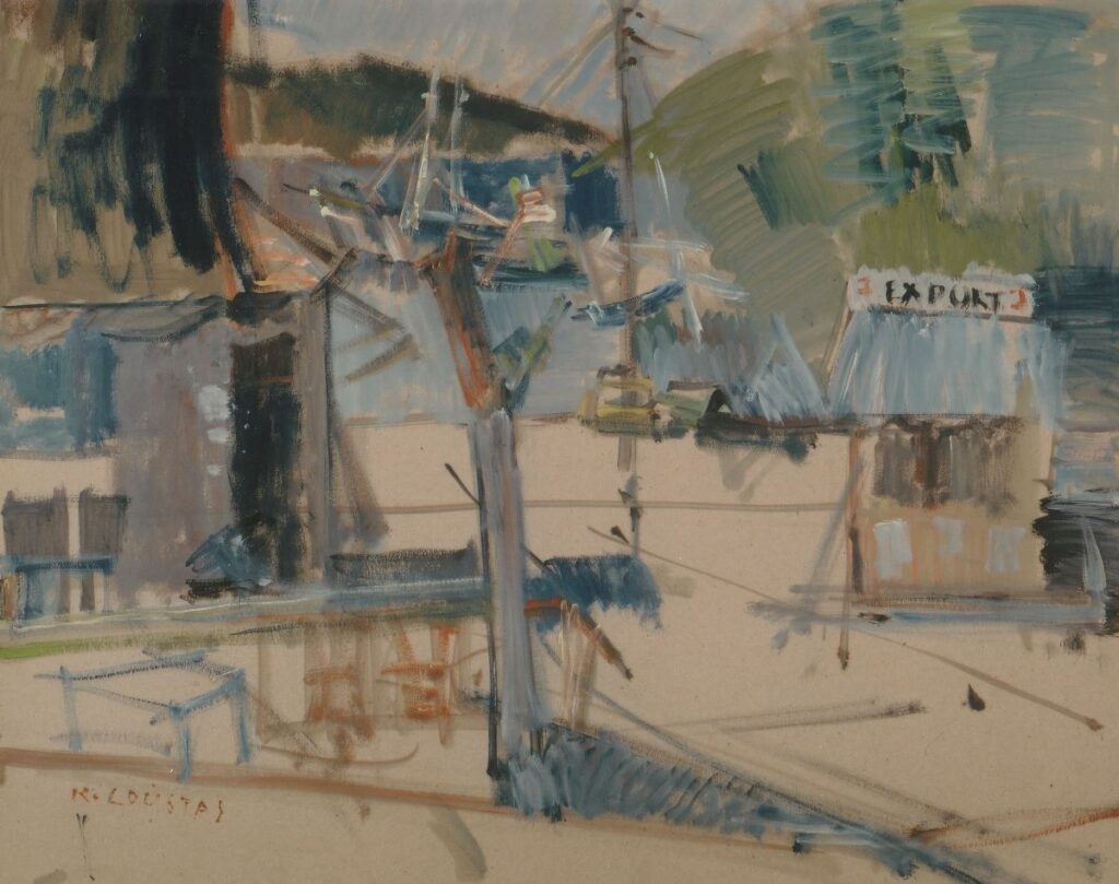 Amouliani island, 1983, oil on panel, 50 x 60 cm View of Amouliani island, Greece, by Greek painter Kostas Loustas